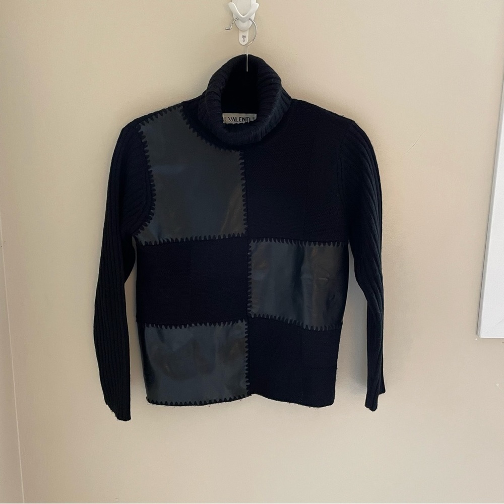 VALENTI  Vintage Ribbed Turtleneck Faux Leather Patch Knit Sweater, Size…